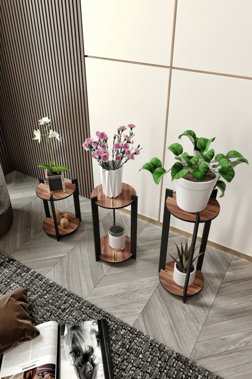Suport din lemn pentru plante, Poter, Flower Desk Round, MDF , Maro
