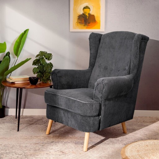 Fotoliu Fossby Faso, Homla, 86x85x108 cm, lemn/catifea din poliester, gri