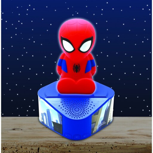 Boxa cu lumini de noapte pentru copii Spider-Man, LEXIBOOK, 21x16x16 cm, plastic/cauciuc, albastru/rosu