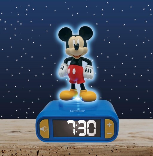 Ceas desteptator cu lumina 3D pentru copii Mickey Mouse, LEXIBOOK, 20x15x10 cm, plastic/cauciuc, multicolor