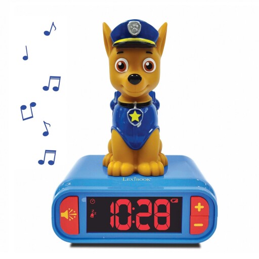 Ceas desteptator cu lumina 3D pentru copii Paw Patrol, LEXIBOOK, 20x15x10 cm, plastic/cauciuc, albastru/galben