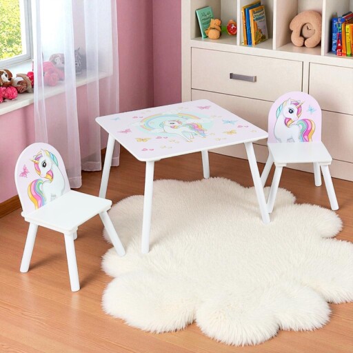 Set birou cu 2 scaune Unicorns, U-Grow, 60x60x44 cm / 26.8x26.8x51 cm, MDF/textil, alb/roz