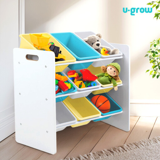 Organizator jucarii / mobilier camera copilului U-Grow, 63x30x60 cm, PAL/polipropilena, albastru/galben