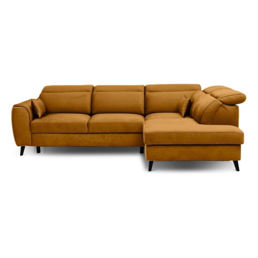 Colțar galben extensibil/cu spațiu de depozitare cu tapițerie din catifea (cu colț pe partea dreaptă/în formă de ”L”) Noble – ELTAP