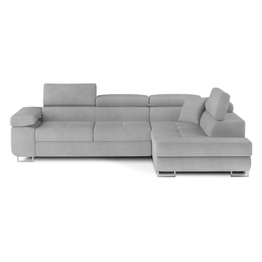 Colțar gri deschis extensibil/cu spațiu de depozitare cu tapițerie din catifea (cu colț pe partea dreaptă/în formă de ”L”) Anton – ELTAP