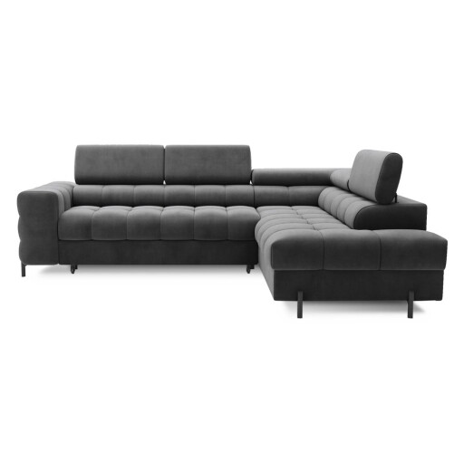 Colțar gri închis extensibil/cu spațiu de depozitare cu tapițerie din catifea (cu colț pe partea dreaptă/în formă de ”L”) Ferucce – ELTAP