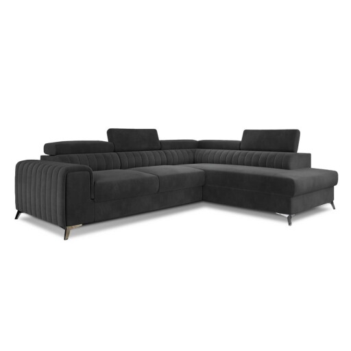 Colțar gri închis extensibil/cu spațiu de depozitare cu tapițerie din catifea (cu colț pe partea dreaptă/în formă de ”L”) Laurence – ELTAP