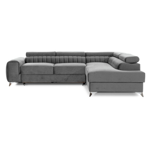 Colțar gri extensibil/cu spațiu de depozitare cu tapițerie din catifea (cu colț pe partea dreaptă/în formă de ”L”) Laurence – ELTAP