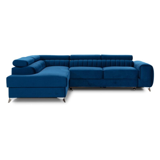 Colțar albastru extensibil/cu spațiu de depozitare cu tapițerie din catifea (cu colț pe partea stângă/în formă de ”L”) Laurence – ELTAP