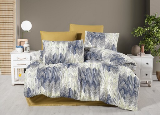 Lenjerie de pat pentru o persoana, L&#039;essentiel Maison, Fairy, Muștar / Albastru închis / Alb