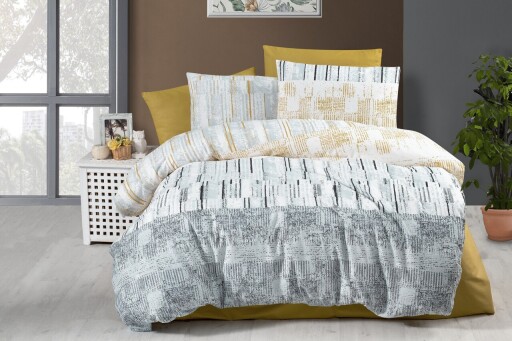 Lenjerie de pat dubla, L&#039;essentiel Maison, Sophia, Muștar / Alb / Gri