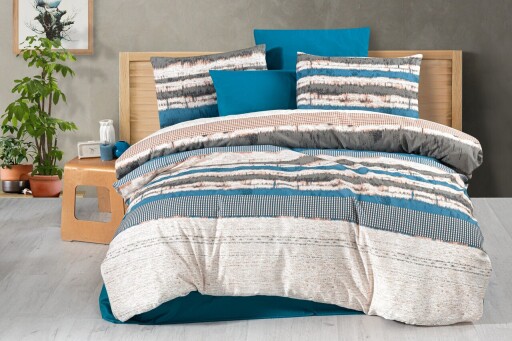 Lenjerie de pat dubla, L&#039;essentiel Maison, Stella, Albastru / Crem / Gri