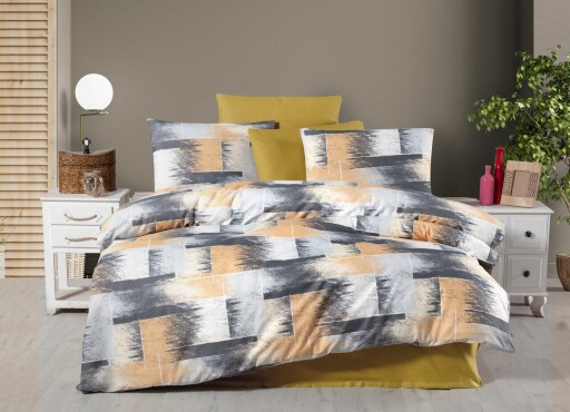 Lenjerie de pat dubla, L&#039;essentiel Maison, Shadow, Muștar / Antracit / Alb / Somon