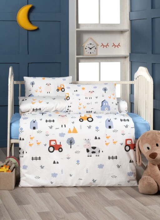 Lenjerie de pat pentru copii, L&#039;essentiel Maison, Happy Farm, White / Blue / Grey / Yellow