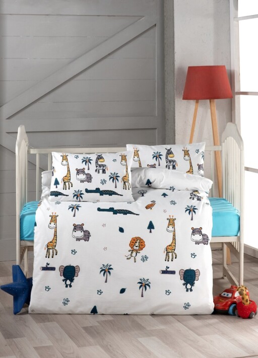 Lenjerie de pat pentru copii, L&#039;essentiel Maison, Safari, Alb / Albastru închis / Galben