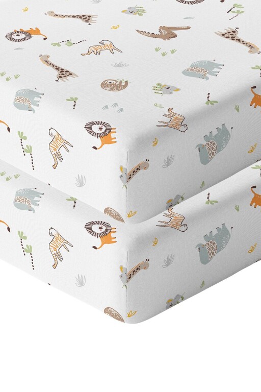 Set cearceaf de pat cu elastic pentru copii, L&#039;essentiel Maison, Junge Jungle, Muștar / Maro / Gri