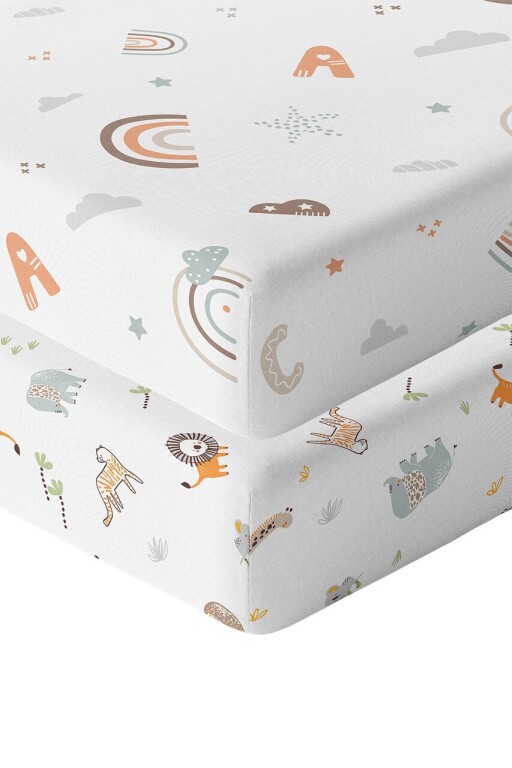 Set cearceaf de pat cu elastic pentru copii, L&#039;essentiel Maison, Jungle Abc, Portocaliu / Maro / Mentă