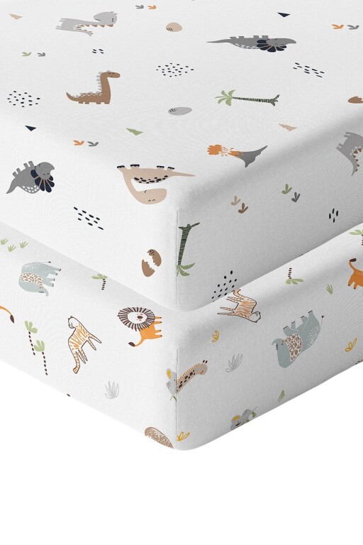 Set cearceaf de pat cu elastic pentru copii, L&#039;essentiel Maison, Jungle Dinozor, Muștar / Maro / Gri