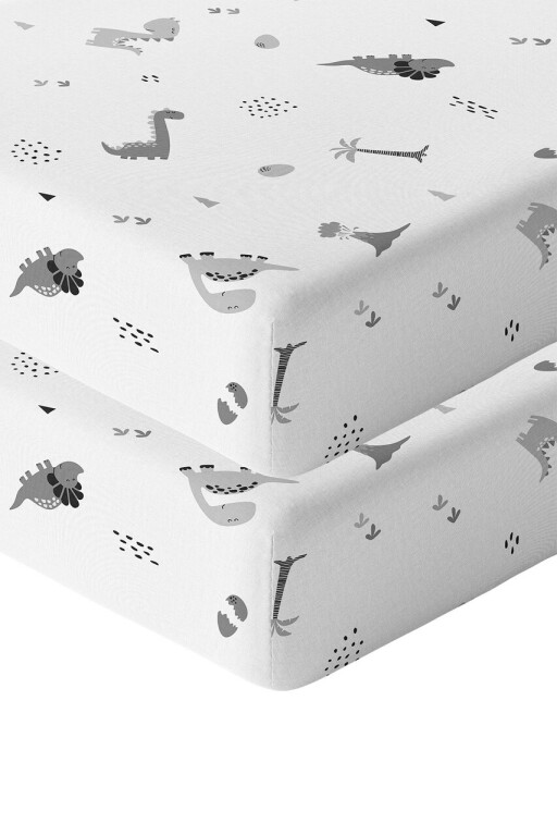 Set cearceaf de pat cu elastic pentru copii, L&#039;essentiel Maison, Dinozor Dinozor, Gri / Muștar / Maro