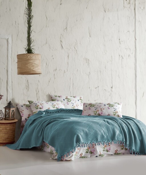 Set cuvertura pique dubla, L&#039;essentiel Maison, Mona v2, Turcoaz