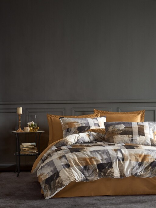 Lenjerie de pat dubla, L&#039;essentiel Maison, Gino, Auriu / Alb / Gri