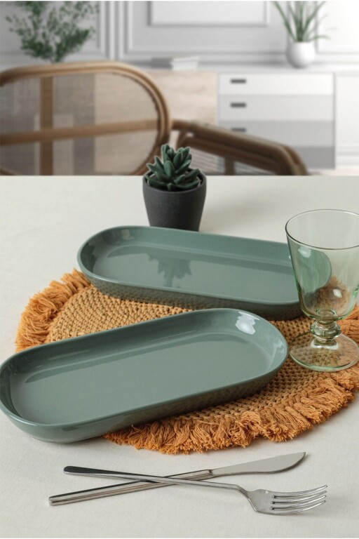 Set platouri servire, Keramika, 275KRM1885, Ceramica , Nu absoarbe apa, Verde