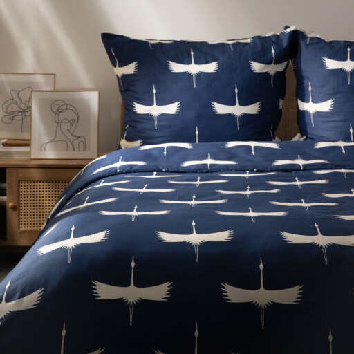 Lenjerie de pat dubla Devika, Homla, 3 piese, 160x200 cm, bumbac satinat, albastru/alb