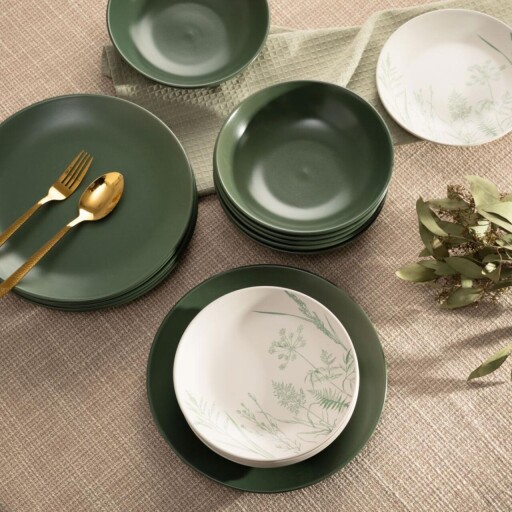 Serviciu de masa 18 piese Bari, Homla, gresie, alb/verde