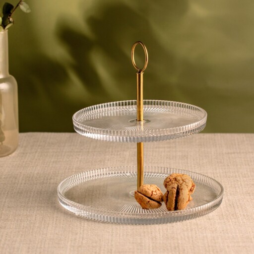 Platou etajat pentru prajituri Lynn, Homla, 19.5/23x25 cm, sticla/inox, auriu/transparent