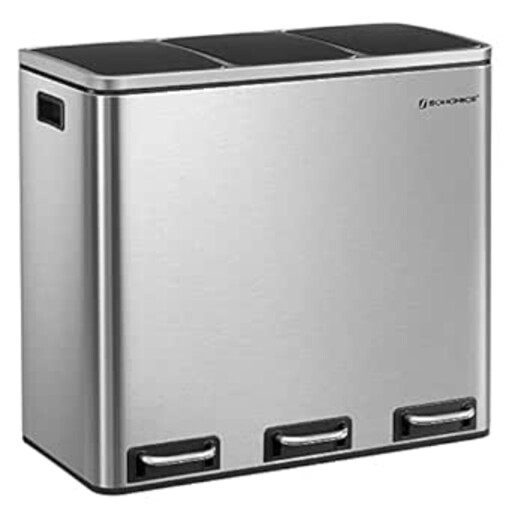 Cos de reciclare cu 3 compartimente, Songmics, 3 x 18 L, 61x31.5x56 cm, inox/polipropilena, argintiu