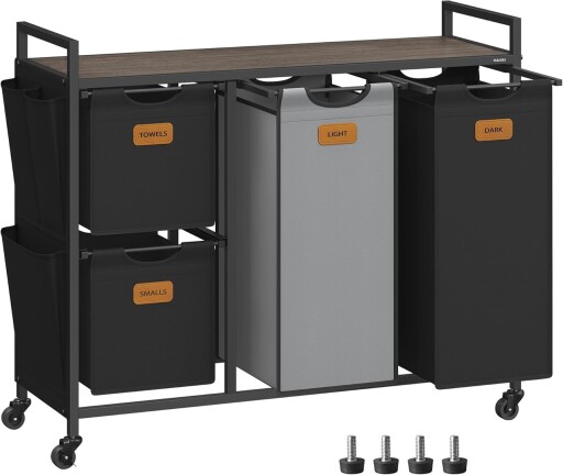 Cos de rufe cu 4 compartimente si roti, Vasagle, 150 L, 98.6x33x80.5 cm, otel/PAL/tesatura Oxford, negru/gri