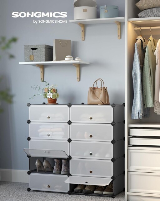 Dulap modular pentru incaltaminte, Songmics, 10 compartimente, 43x31x173 cm, ABS/fier, gri