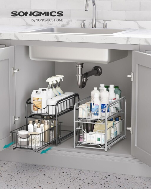 Organizator pentru dulap cu 2 cosuri glisante, Songmics, 26.5x21x31.5 cm, otel, negru