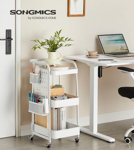 Carucior cu 3 rafturi, Songmics, 43.3x32.3x73.9 cm, max 30 kg, alb