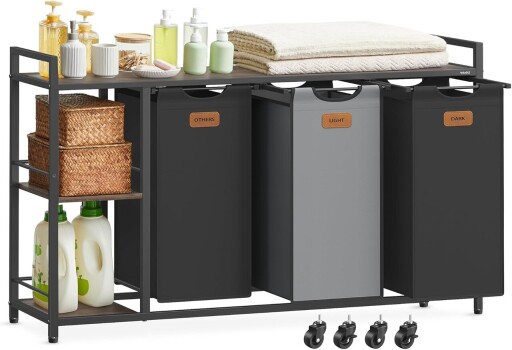 Cos de rufe cu 3 compartimente, rafturi si roti, Vasagle, 150 L, 117x33x80.5 cm, otel/PAL/tesatura Oxford, negru/gri