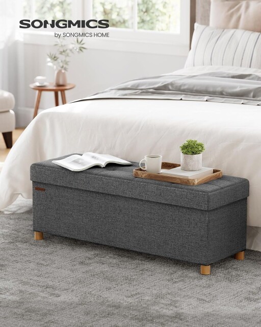 Bancheta cu spatiu de depozitare, Songmics, 110x38x40 cm, max 300 kg, MDF/imitatie de in, gri