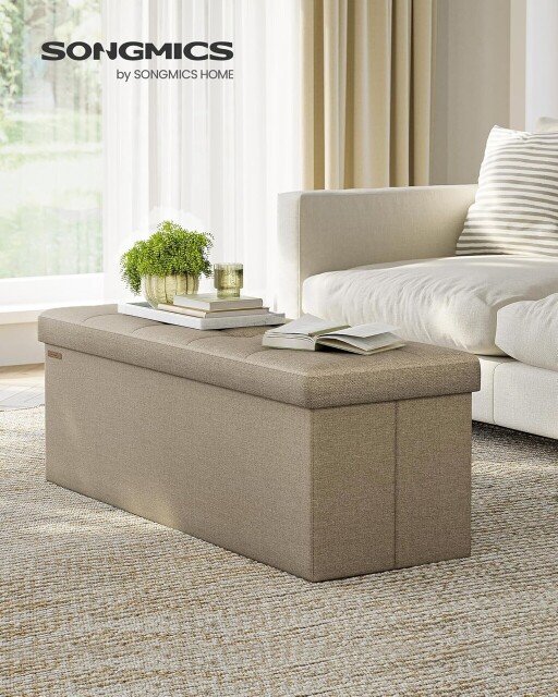 Bancheta cu spatiu de depozitare Mazi, Songmics, 110x38x38 cm, max 300 kg, MDF/imitatie de in, maro camel