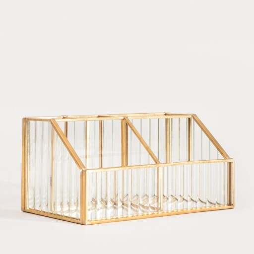 Organizator pentru cosmetice Grazia, Homla, 17.5x10x8.5 cm, sticla/metal, transparent/auriu