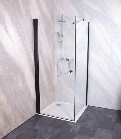 Cabina de dus Sanotechnik Sanoflex Black 90x90cm cu usa batanta si perete fix EXPUS