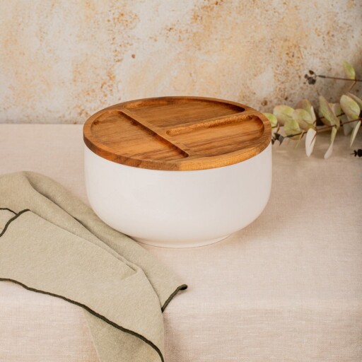 Bol cu capac Mooka, Homla, 24x13.5 cm, ceramica/lemn de salcam, alb/maro