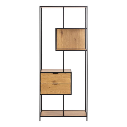 Bibliotecă neagră/în culoare naturală cu aspect de lemn de stejar 77x185x35 cm Seaford – Actona