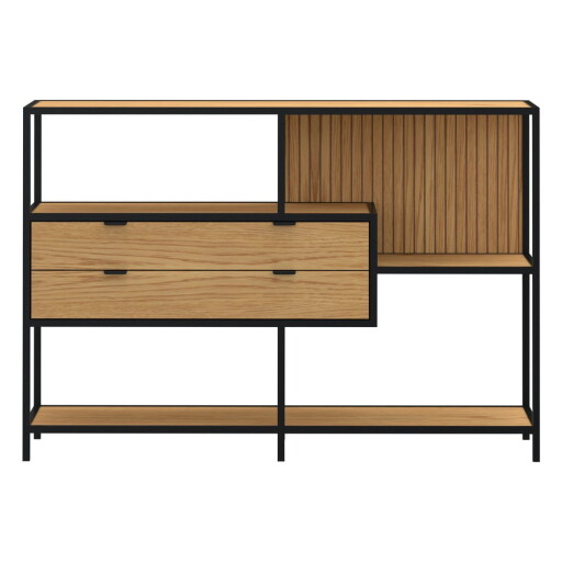 Bibliotecă neagră/în culoare naturală cu aspect de lemn de stejar 114x78x35 cm Seaford – Actona