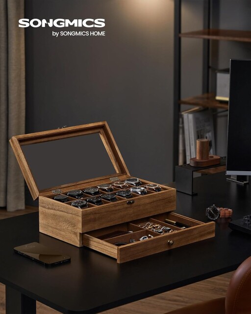 Cutie pentru ceasuri cu 2 niveluri, Songmics, 12 compartimente, 34x19x12.5 cm, lemn de paulownia/MDF, maro