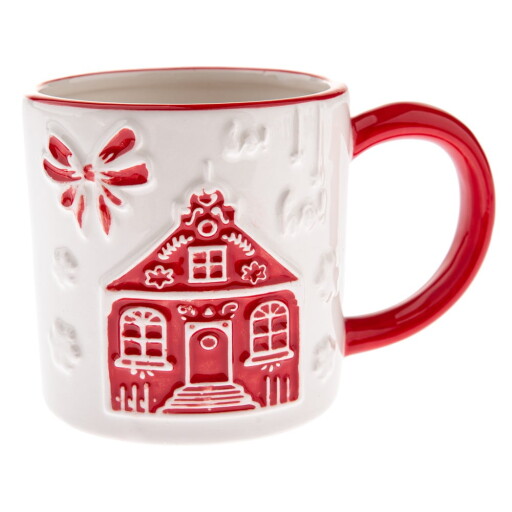 Cană albă din ceramică cu model de Crăciun Christmas cottage – Dakls