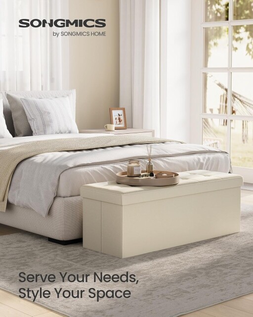 Bancheta cu spatiu depozitare, Mazie, Songmics, 110x38x38 cm, MDF/imitatie in, crem