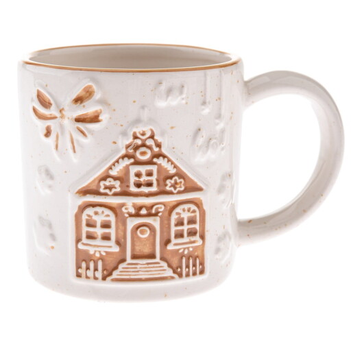 Cană albă din ceramică cu model de Crăciun Christmas cottage – Dakls