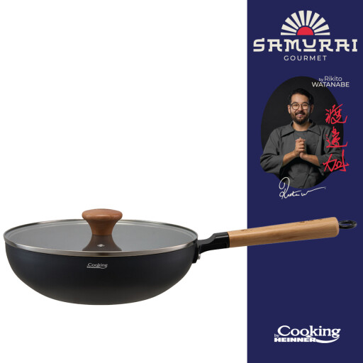 Tigaie Wok cu capac, Samurai Gourmet by Rikito Watanabe si Cooking by Heinner, 26x7.5 cm, aluminiu, negru/natur