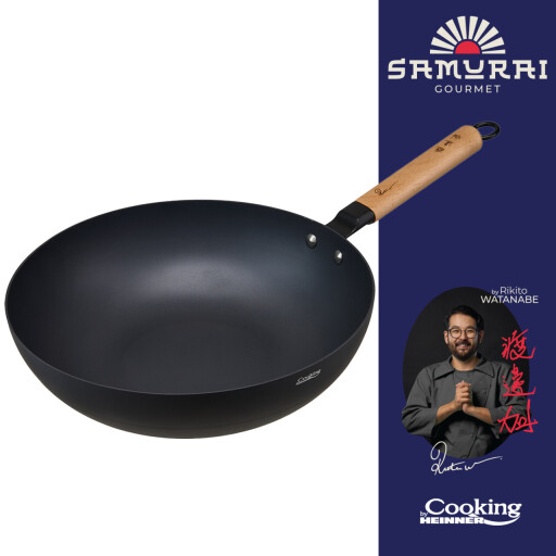 Tigaie Wok, Samurai Gourmet by Rikito Watanabe si Cooking by Heinner, 32x9 cm, aluminiu, negru/natur