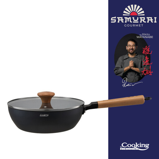 Tigaie Wok cu capac, Samurai Gourmet by Rikito Watanabe si Cooking by Heinner, 24x7.5 cm, aluminiu, negru/natur
