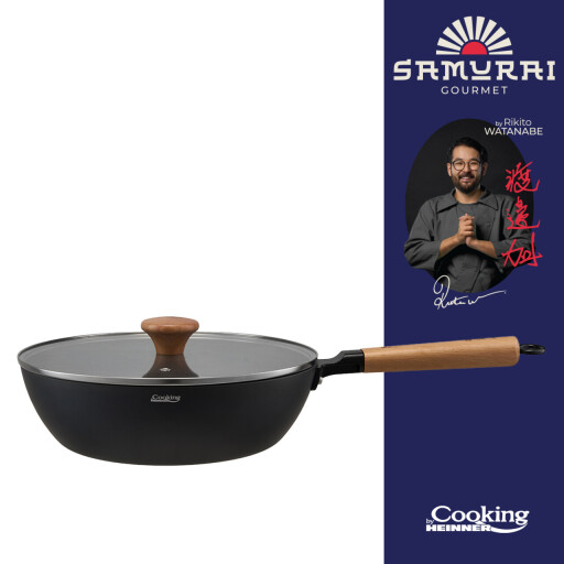 Tigaie Wok cu capac, Samurai Gourmet by Rikito Watanabe si Cooking by Heinner, 28x8 cm, aluminiu, negru/natur